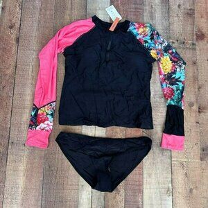 AONIHUA women's size XXL pink and black surf shirt with bikini bottom set